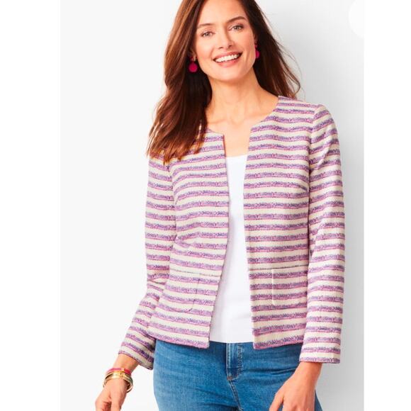 Talbots Tweed Jacket Blazer 16 Pink Striped Open Front Pockets Preppy Office - Picture 1 of 12